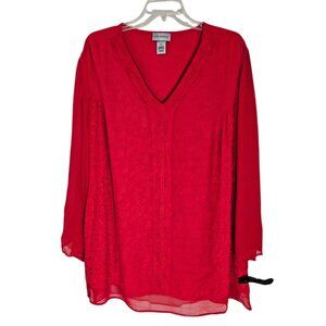 Catherines Womens Red Embroidered V Neck Tunic Blouse Long Sleeve Size‎ 2X NWT